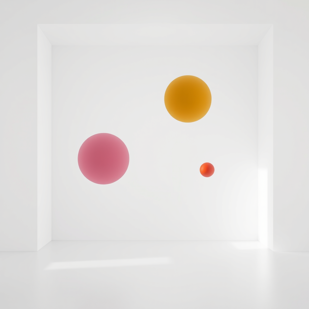 Main art studio: Ultra minimal retro CGI forms floating on limial empty room. Basic colors. Bauhaus like minimalism and textures. 2D. Openess and super minimal. Negati