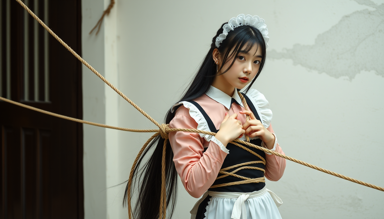 Main art studio: Korean black long hair girl wear maid clothes and she is tied by a lot of rope