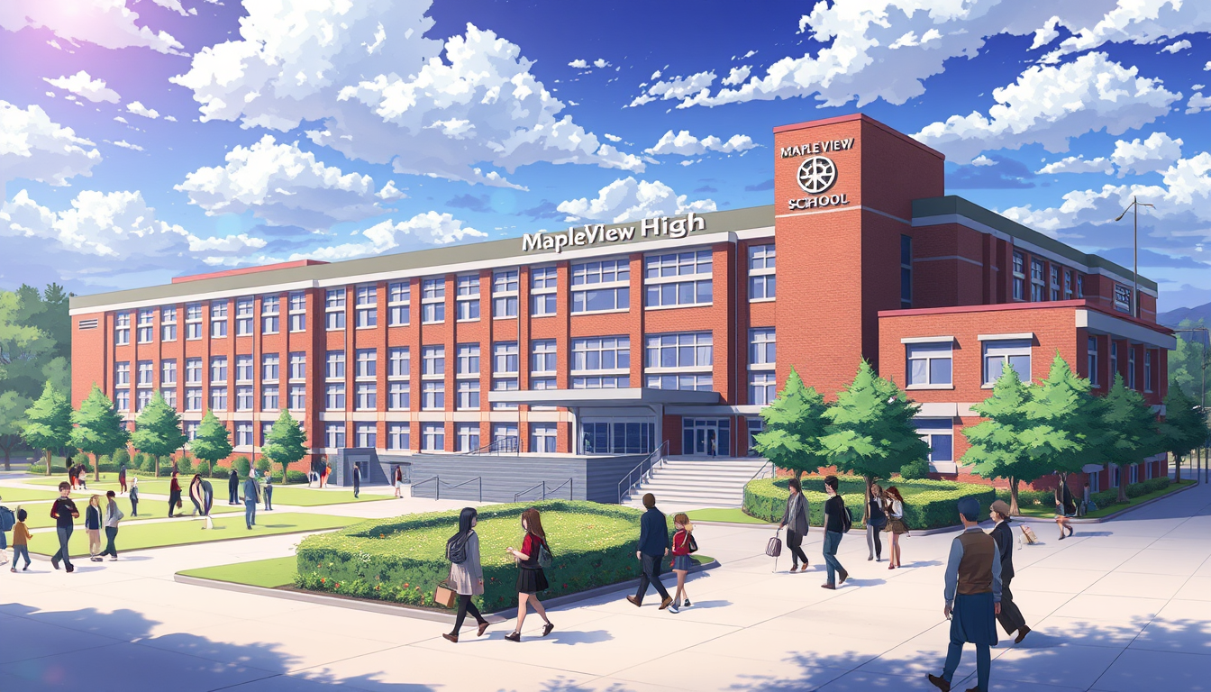 Main art studio: an anime picture of a high school long and tall building with the name Maple view high with many students, teachers and people walking around the scho