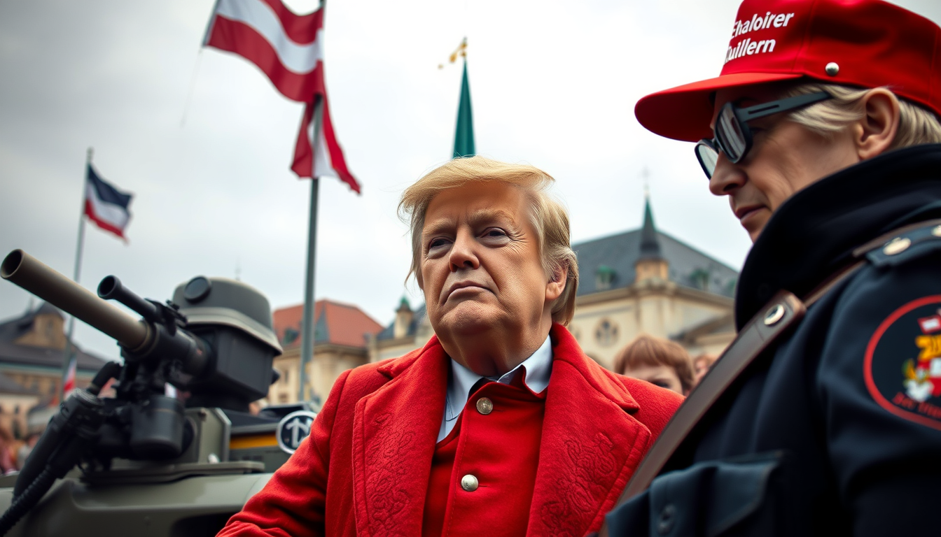 Main art studio: erstelle mir ein bild von trump mit panzer angela merkel friderich merz münchen leevi schlemmmer dem schauspieler und corina kierner mit vielen farbe 