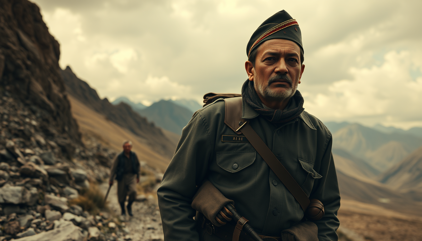 Main art studio: Ultra photorealistic cinematic 4K historical reconstruction of Netaji Subhas Chandra Bose traveling through a rugged Afghan mountain landscape during 