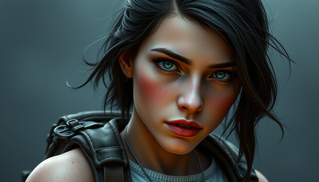 Main art studio: Female + Human + age 18 + Scientist/Field Tinkerer in a dark post-apocalyptic world + 170 cm tall + caucasian + symmetrical face with a youthful beaut