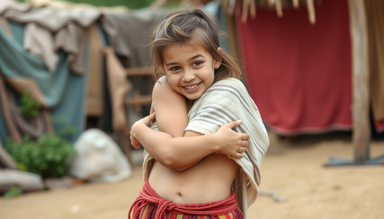 Main art studio: 13 year old smiling wearing loincloth hugging girl