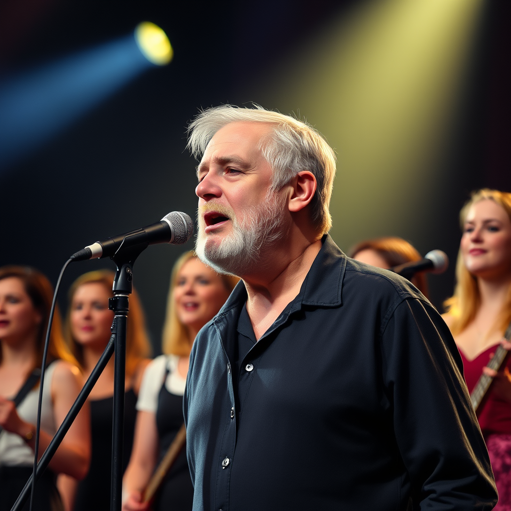 Main art studio: middle aged white singer with shortish grey hair and a small beard, standing on stage at a microphone singing. behind him are a mix of male and female