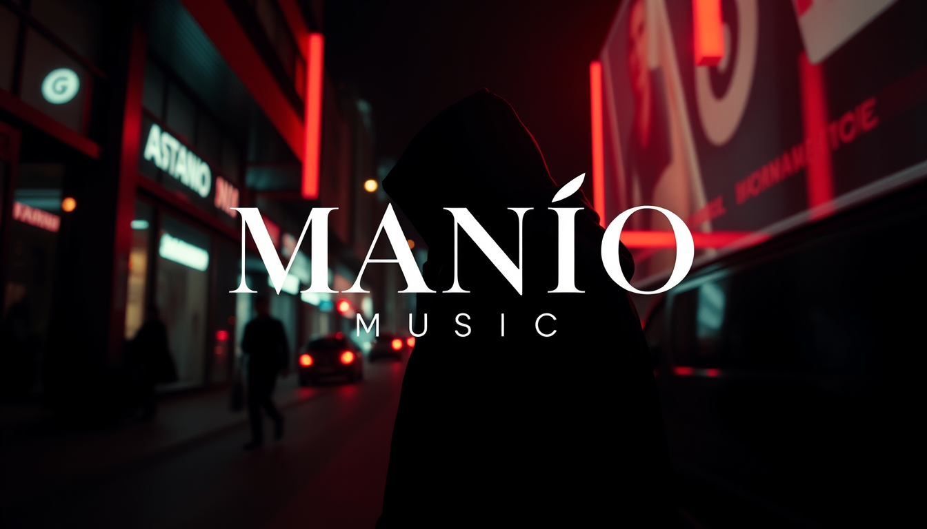 Main art studio: Professional music brand visual for “MAÑIO MUSIC”, dark cinematic urban atmosphere, Spanish music artist aesthetic, night city lights, subtle neon ref