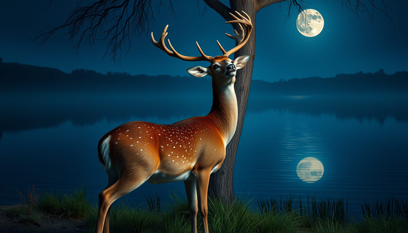 Main art studio: Prompt: A beautiful pregnant deer standing near a calm lake at night, looking up towards a tree with frightened eyes, moonlight reflection in water, e