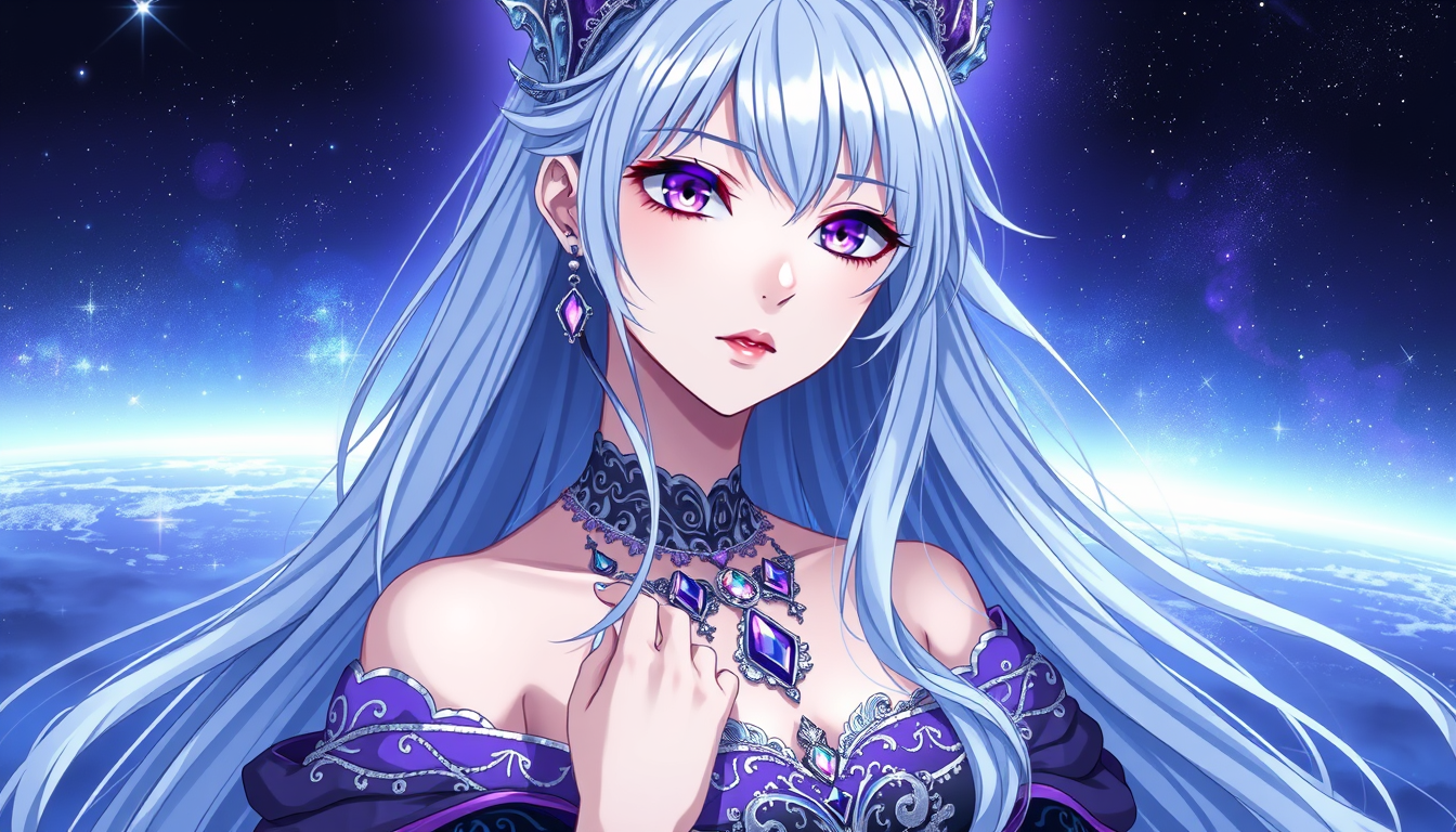 Main art studio: Create a high-quality anime portrait of a celestial goddess with long silver hair fading into blue and violet, flowing into cosmic mist. Mesmerizing v