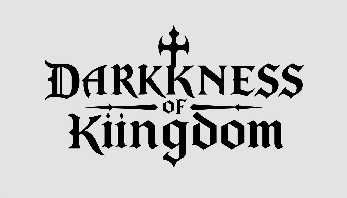 Logo idea: logo design, clean minimal mark, bold simple shapes, balanced composition, DARKNESS OF KINGDOM. Exact title. Light gray background. Black gothic lette