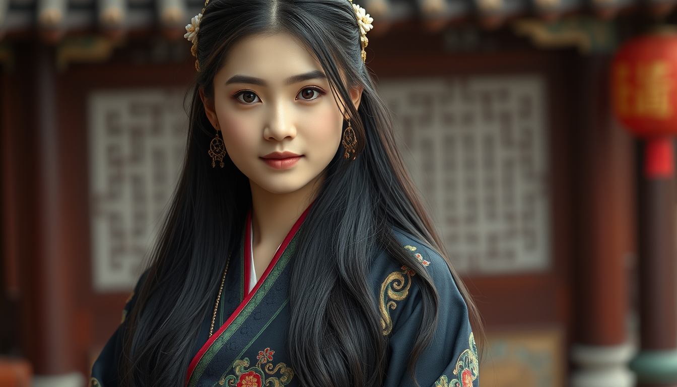 Main art studio: Beautiful Chinese girl, 17 years old, long black hair, oval face, almond eyes, traditional Hanfu dress, realistic C-drama actress, cinematic, 4K