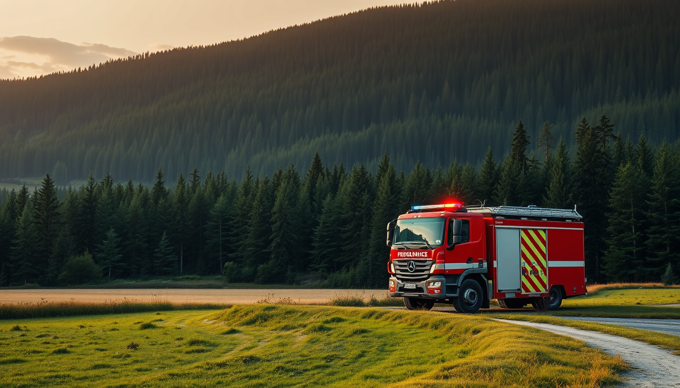 Main art studio: Photorealistic professional cover background for a German volunteer fire brigade. A modern German fire engine standing at the edge of a forest in the 