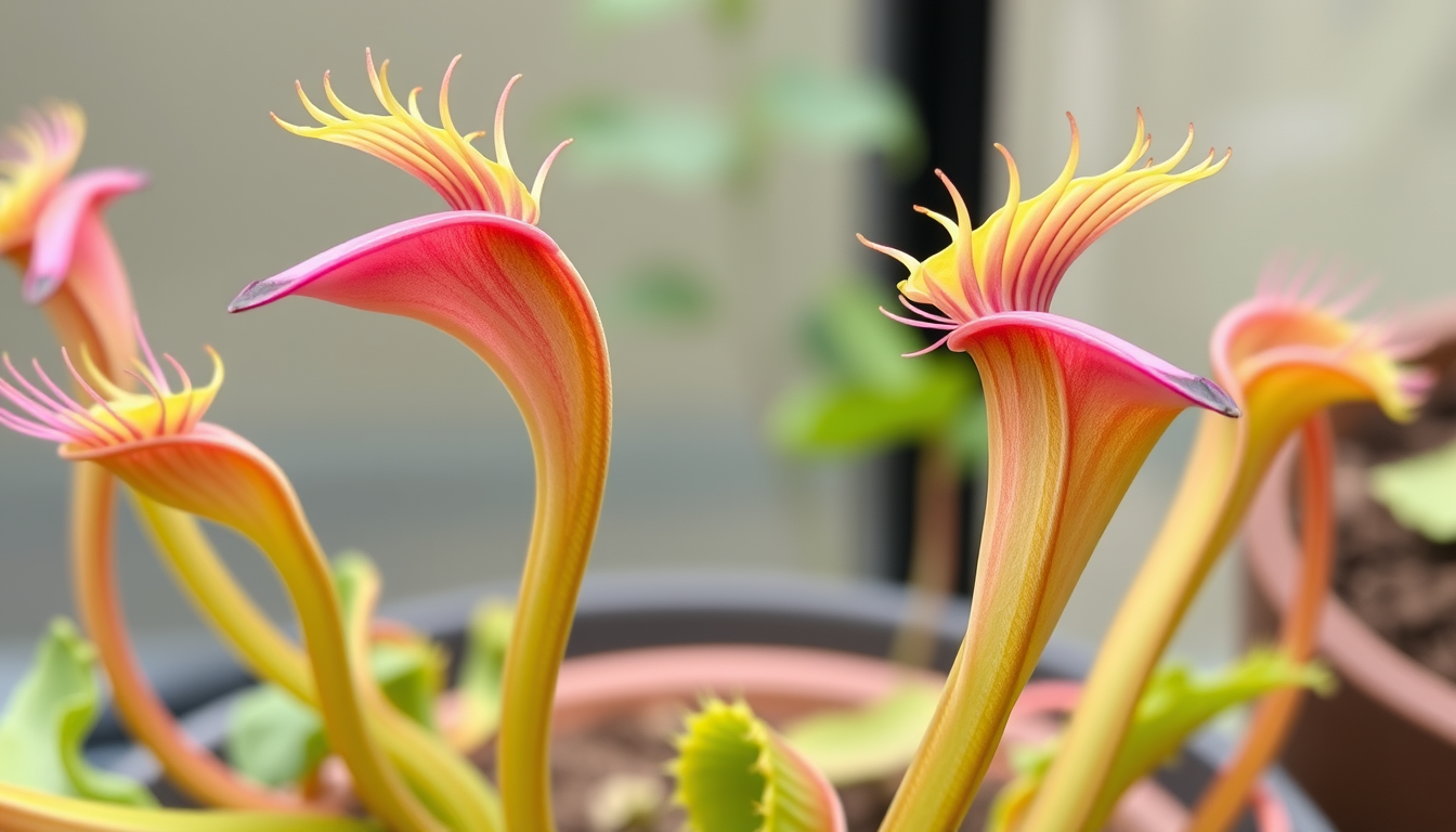 Main art studio: venus flytraps but are much bigger and are flatter and have a long and slim stem and are green with a pink hue and are big enough to eat rats and roac