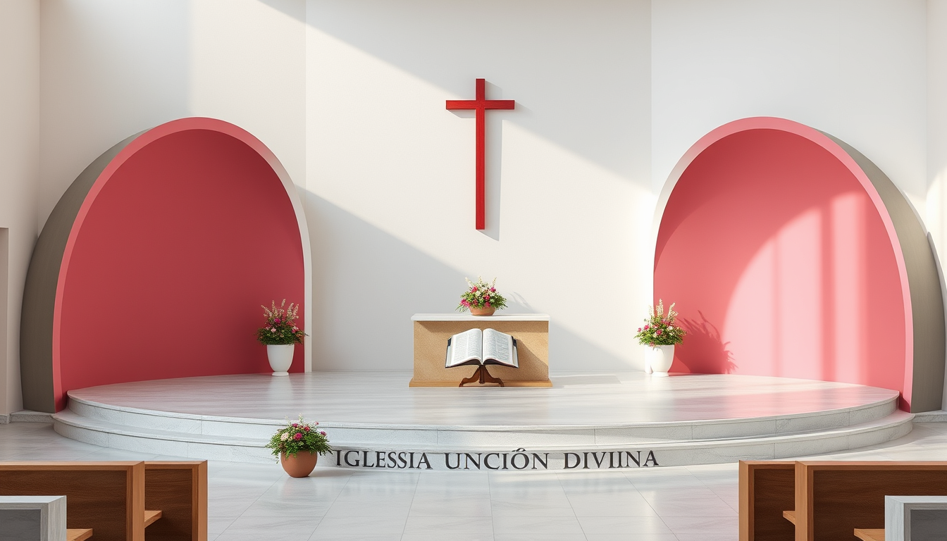 Main art studio: Diseño fotorrealista de un altar moderno. Dos gradas centrales semicirculares de pared a pared, más gradas cuadradas en ambos extremos, sobresaliendo