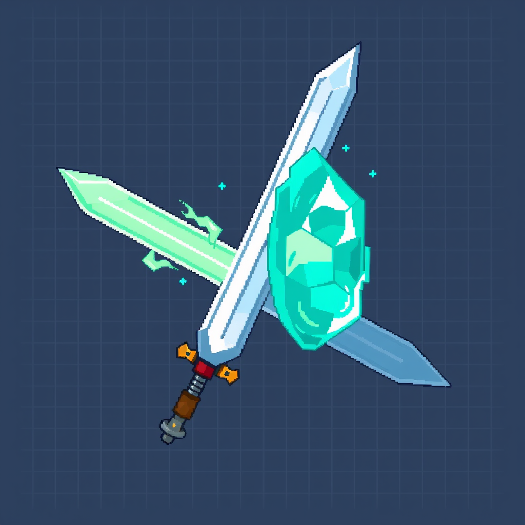 Sprites idea: pixel art game sprite, clean pixel grid, retro 16-bit palette, Sword com uma metade fogo e á outra Gelo juntas, icone para jogo fundo transparente. me