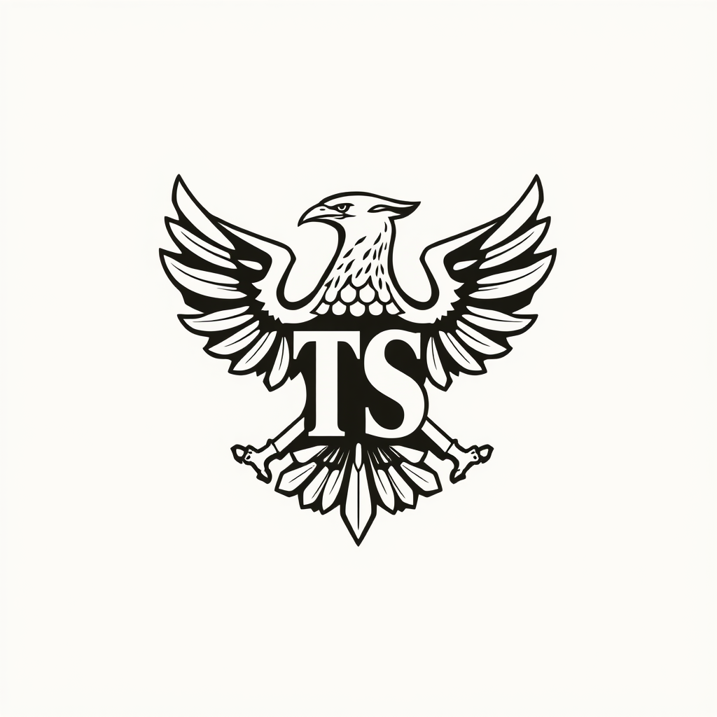 Main art studio: Modern monogram logo "TS", Polish eagle wings forming the letters, small roof tile pattern, rugged tradesman brand, black and white vector engraving
