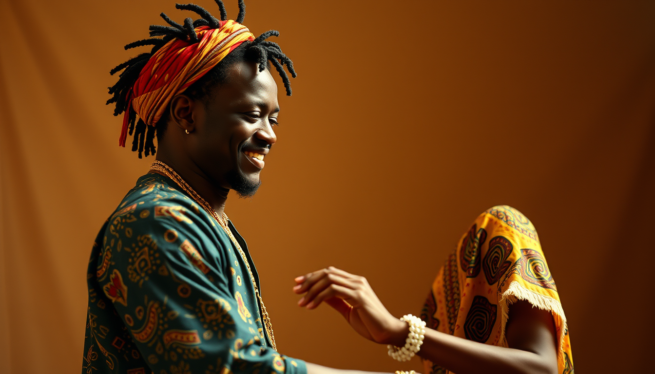 Main art studio: personnage commence immobile. Il sourit légèrement. Il enchaîne des pas de danse Afro/Amapiano fluides. Mouvement de caméra avant puis léger cercle au