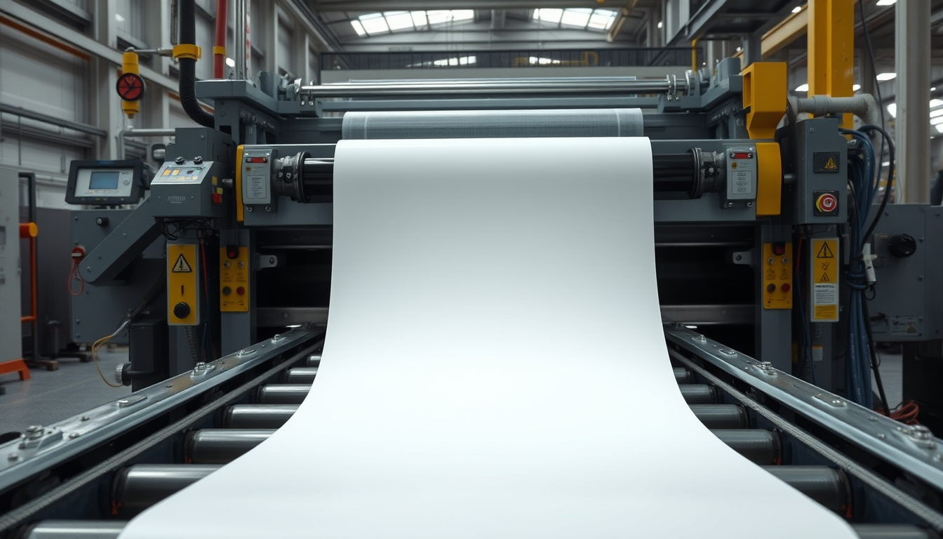 Main art studio: Show a large industrial coating machine applying smooth PU resin evenly onto a moving polyester fabric sheet. The fabric passes continuously through r