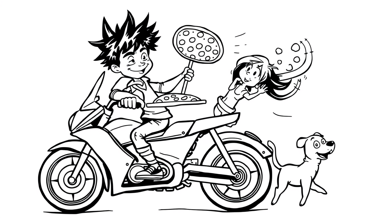 Main art studio: Schwarz-weiße Tusche-Karikatur mit klaren, handgezeichneten Linien: Ein Junge mit wildem schwarzem Wuschelhaar fährt Motorrad. Mit einer Hand hält er