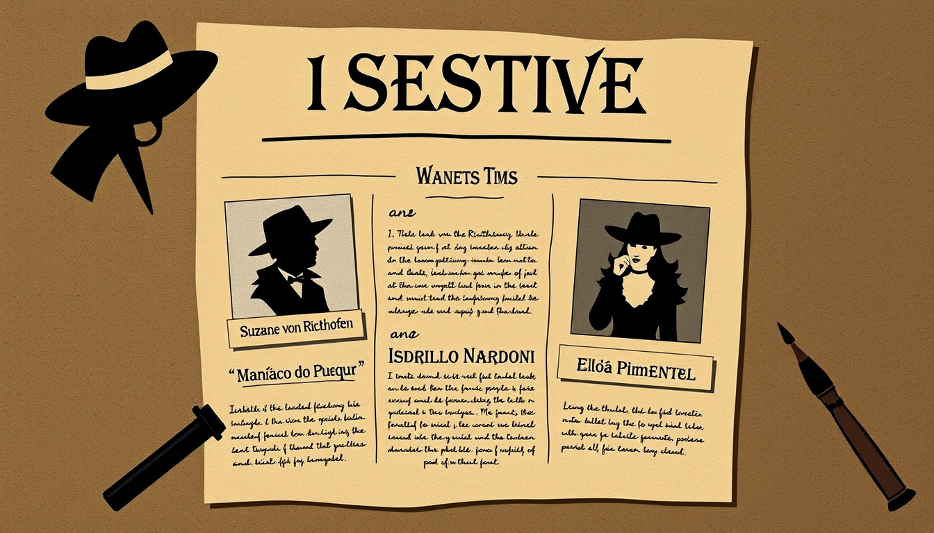 Main art studio: Create a slide cover in the style of a detective's investigation board covering the following cases: Suzane von Richthofen, the "Maníaco do Parque," I