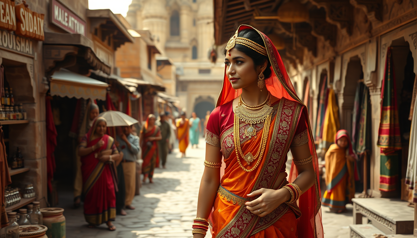 Main art studio: Princess Ratnavati walking through a traditional 16th century Rajasthani marketplace, wearing the same royal lehenga and gold jewelry, merchants selli
