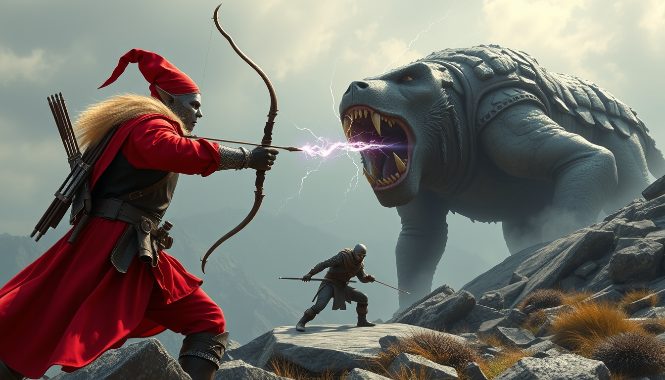 Main art studio: knight in bright red long sleeve shirt, black vest with empty bow elf using lightning bolt attack on human sized, bear-like, big tooth laden mouth roc