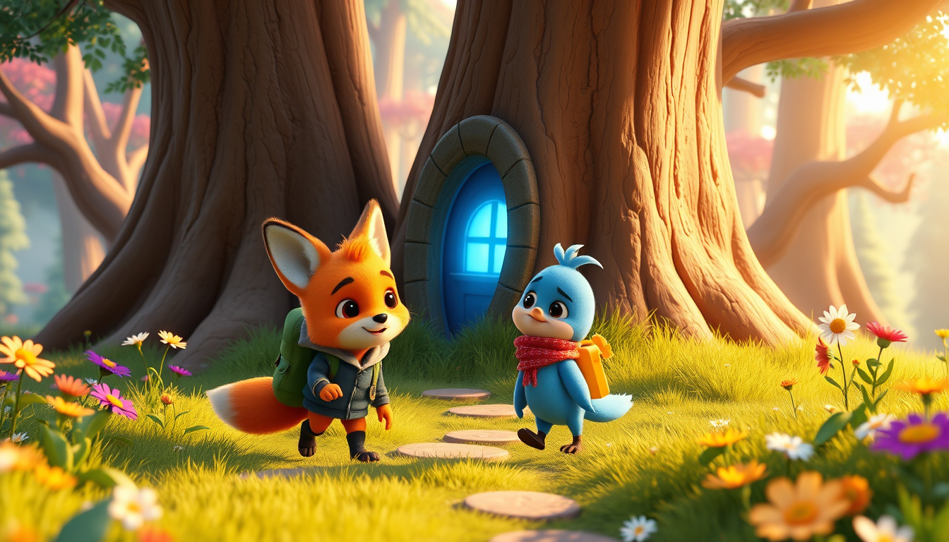 Main art studio: Milo, a cute orange fox cub in a blue hoodie with a green backpack, and Bobby, a small blue baby bird with a red scarf and yellow backpack, walking th