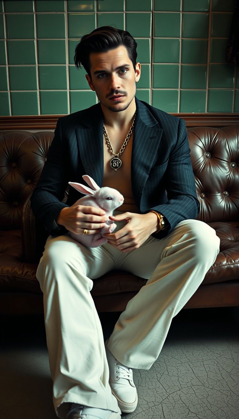 Main art studio: a white André Ventura sitting on an old leather couch in a locker room petting is pink rabbit, wearing a gucci blazer over nick treack pants, vintage