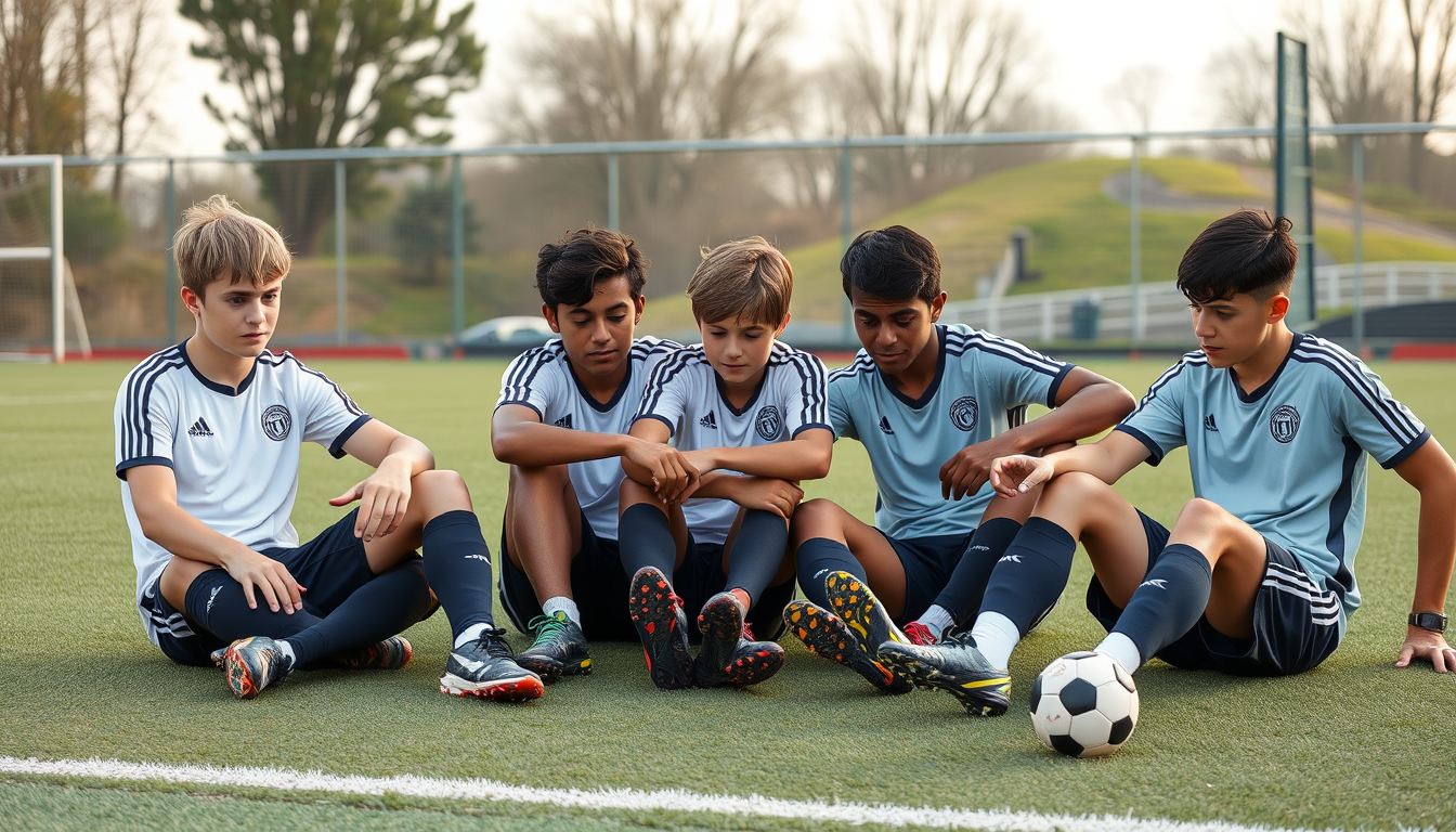 Main art studio: Tired american soccer boys after practice hanging out, sitting togther on the pitch comparing their soccer shoes.