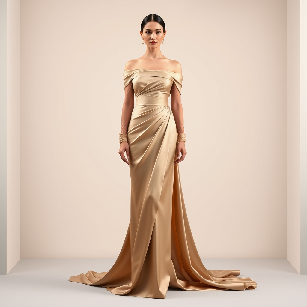 Main art studio: Modern goddess haute couture dress, long straight silhouette, off-the-shoulder draped neckline, delicate transparent mesh seamlessly blended with luxu