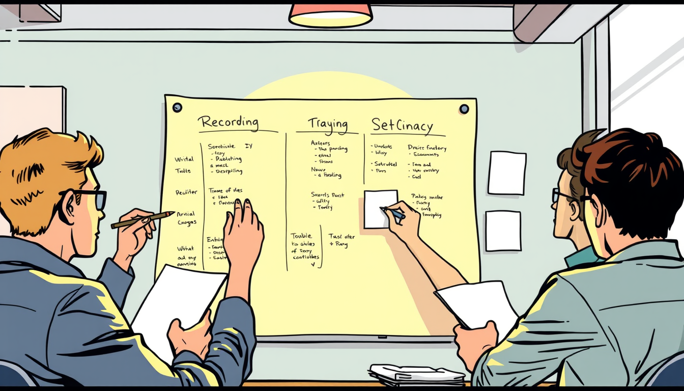 Main art studio: comic style. Graphic Recording. A team working together. With flipchart. someones are writing notes. Everybody ha a papercard in his hands.