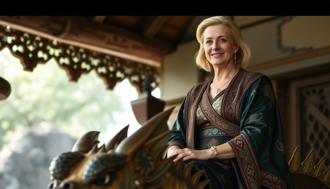 Main art studio: Alice Weidel deutsche Politikerin strahlend sitzend auf ramiras Drachen, house of dragon mit offenemHaar und in den Sachen der Königin ramira staffel 