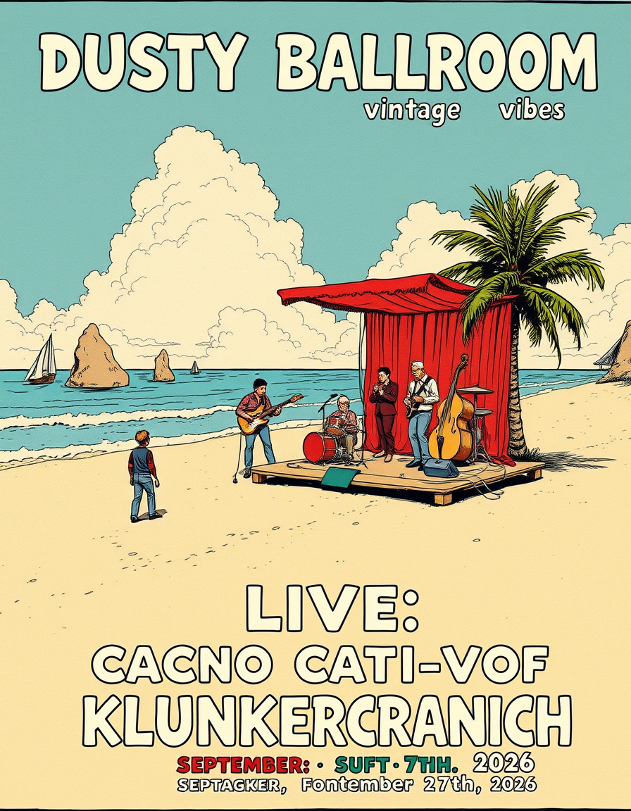 Main art studio: Generiere ein Bild im Franco belgischen surrealen Comicstil (Moebius) Am Strand mit Gischt, paar Felsen und 2 Palmen steht in einiger Entfernung eine