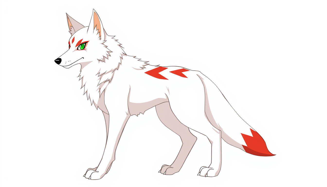 Fursona idea created from the prompt: fursona character, anthropomorphic animal design, expressive personality, reference sheet style, .A white wolf standing on two hind legs, wi