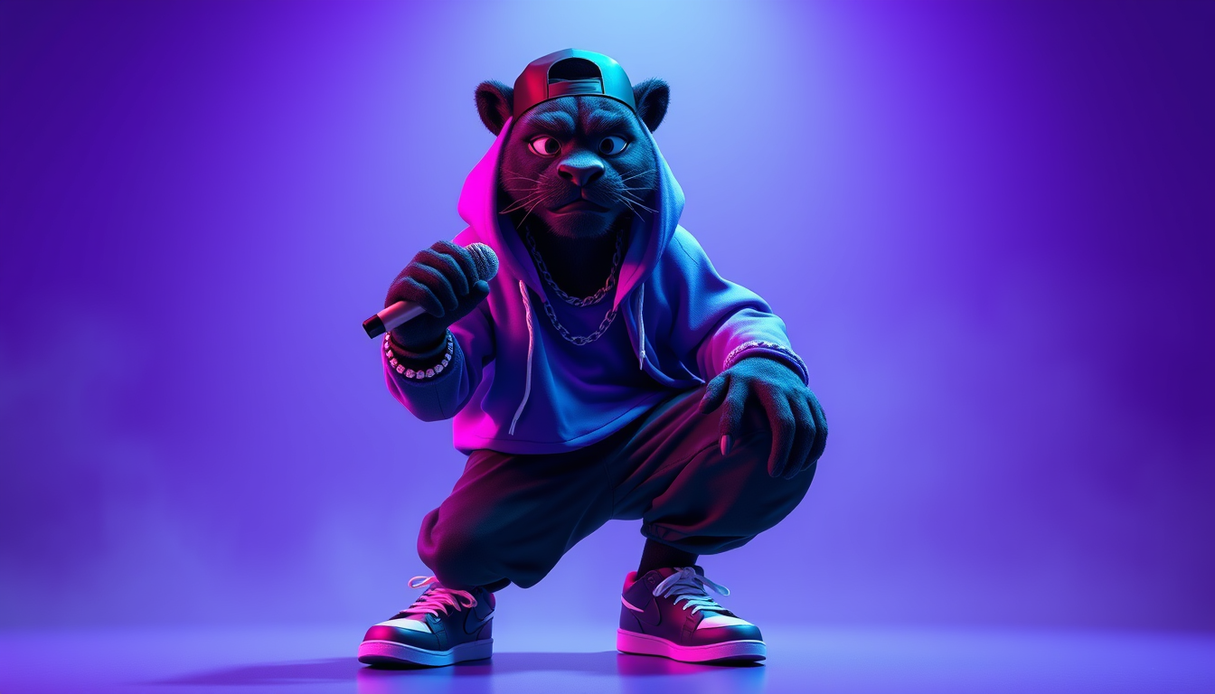 Main art studio: A cool black panther rapper, full body, clear visible face and mouth, wearing an oversized purple streetwear hoodie, baggy black pants, silver chains,
