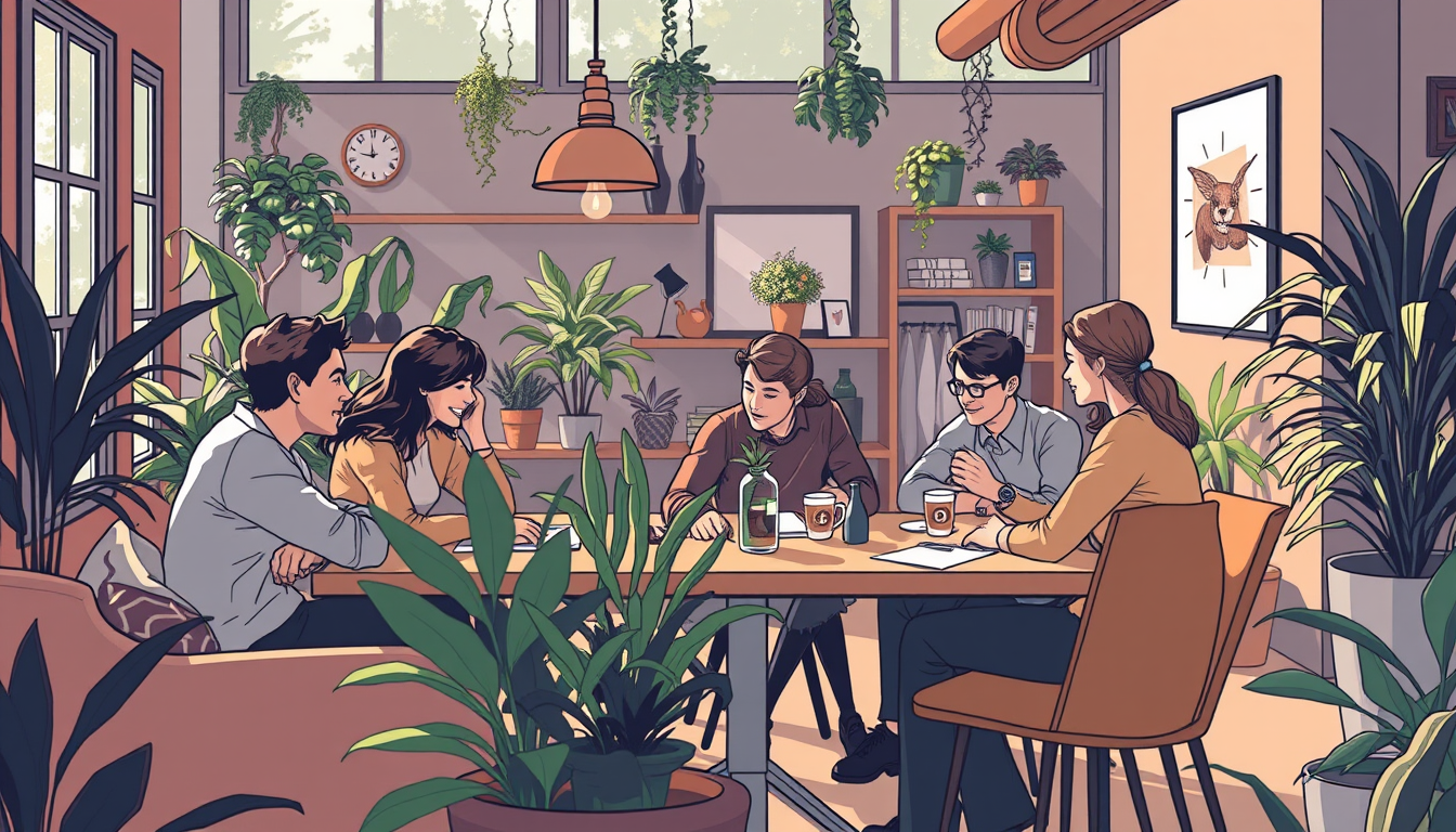 Main art studio: un espace de travail chaleureux avec des gens qui travaillent ensemble. certains boivent un café. la pièce est lumineuse, il y a des plantes. les gens