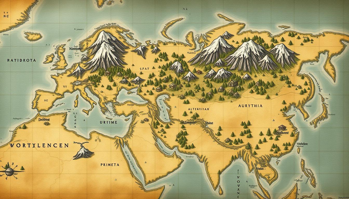 Fantasy Maps idea: fantasy world map, hand-drawn cartography, aged parchment, mountains forests and coastlines, Large continent with many rivers and lakes, large mountai