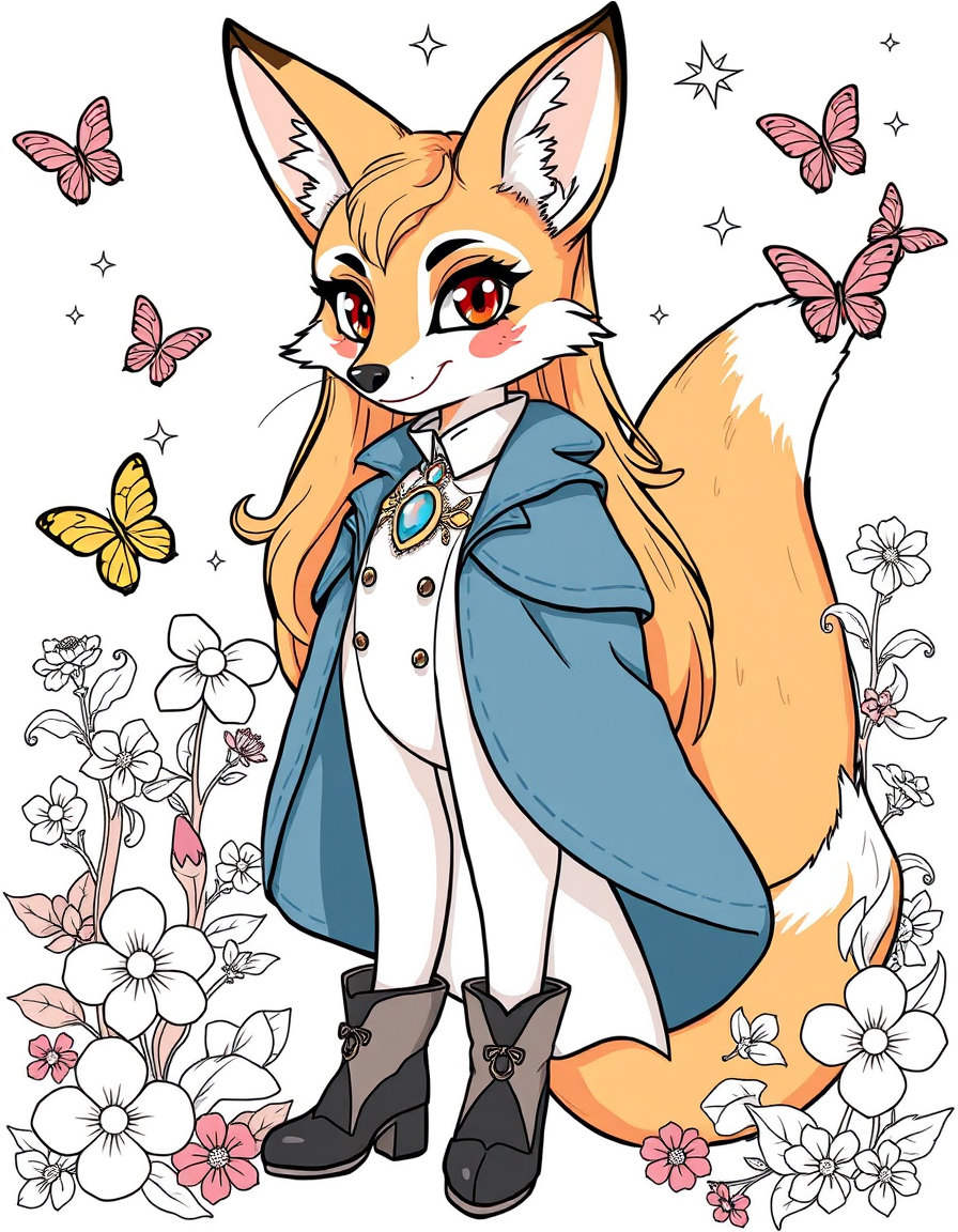 Main art studio: original fox character, bold colours, confident expression, character designCrea una página de coloring book estilo anime elegante, chica zorrita orig