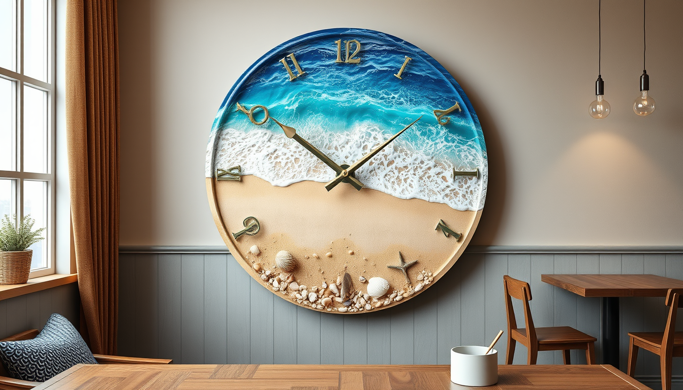 Main art studio: A beautiful resin wall clock with a realistic ocean and beach design, blue sea waves, sandy beach, seashells and small stones, made on a round MDF woo