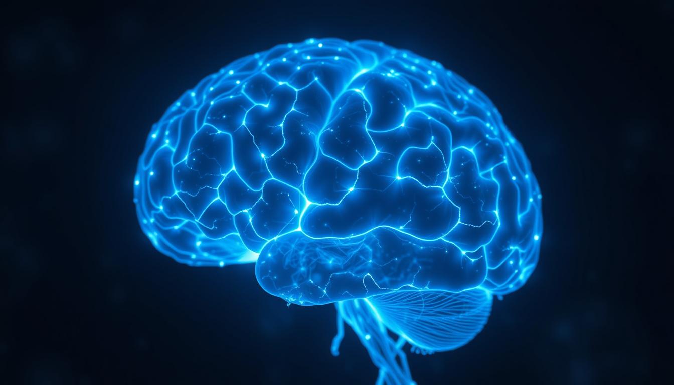 Main art studio: Realistic human brain glowing in dark environment, blue light affecting brain, neurons firing actively at night, scientific visualization, cinematic l