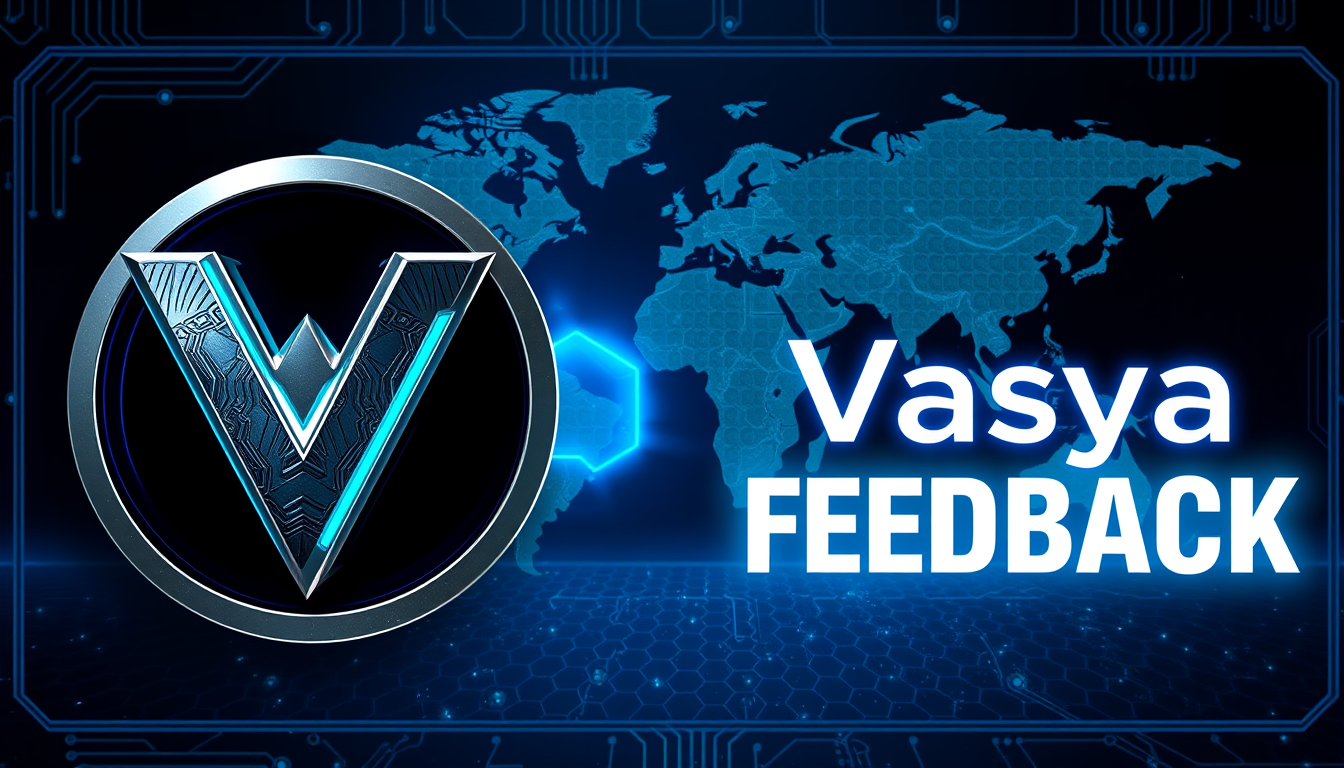 Main art studio: Cinematic 16:9 banner for “Vasya Feedback”, inspired by modern strategy games. Dark navy background, holographic world map, glowing cyan circuits, hex
