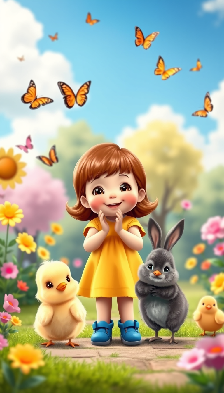 Main art studio: A cute little girl with brown hair in a yellow dress and blue shoes stands in a colorful park, smiling at the camera. She is surrounded by flowers, bu