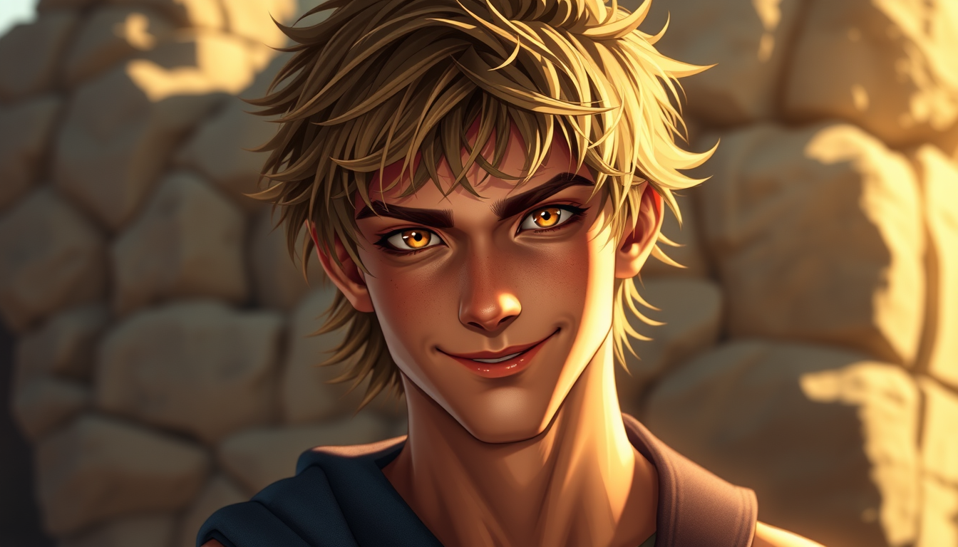 Main art studio: He has messy dark-blond hair, amber-gold eyes, warm tan skin, and a lean athletic build. He’s tall, usually has a cocky grin, and dresses casually. Ov