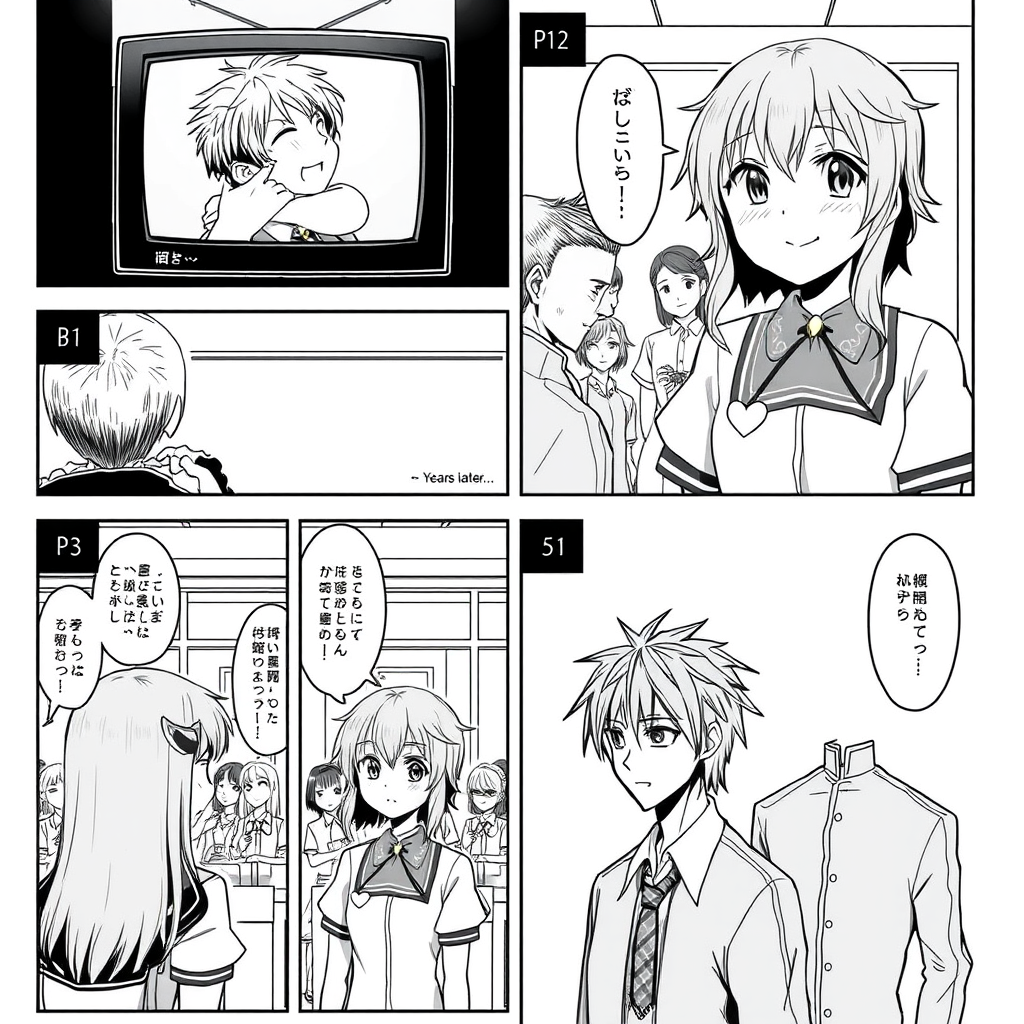 AI Art prompt example created from the prompt: B&W manga, realistic anime style, 5 panels, clean ink, screentones. P1: Young Ryouma cries in his father’s arms on TV. Miyara watches. “Year