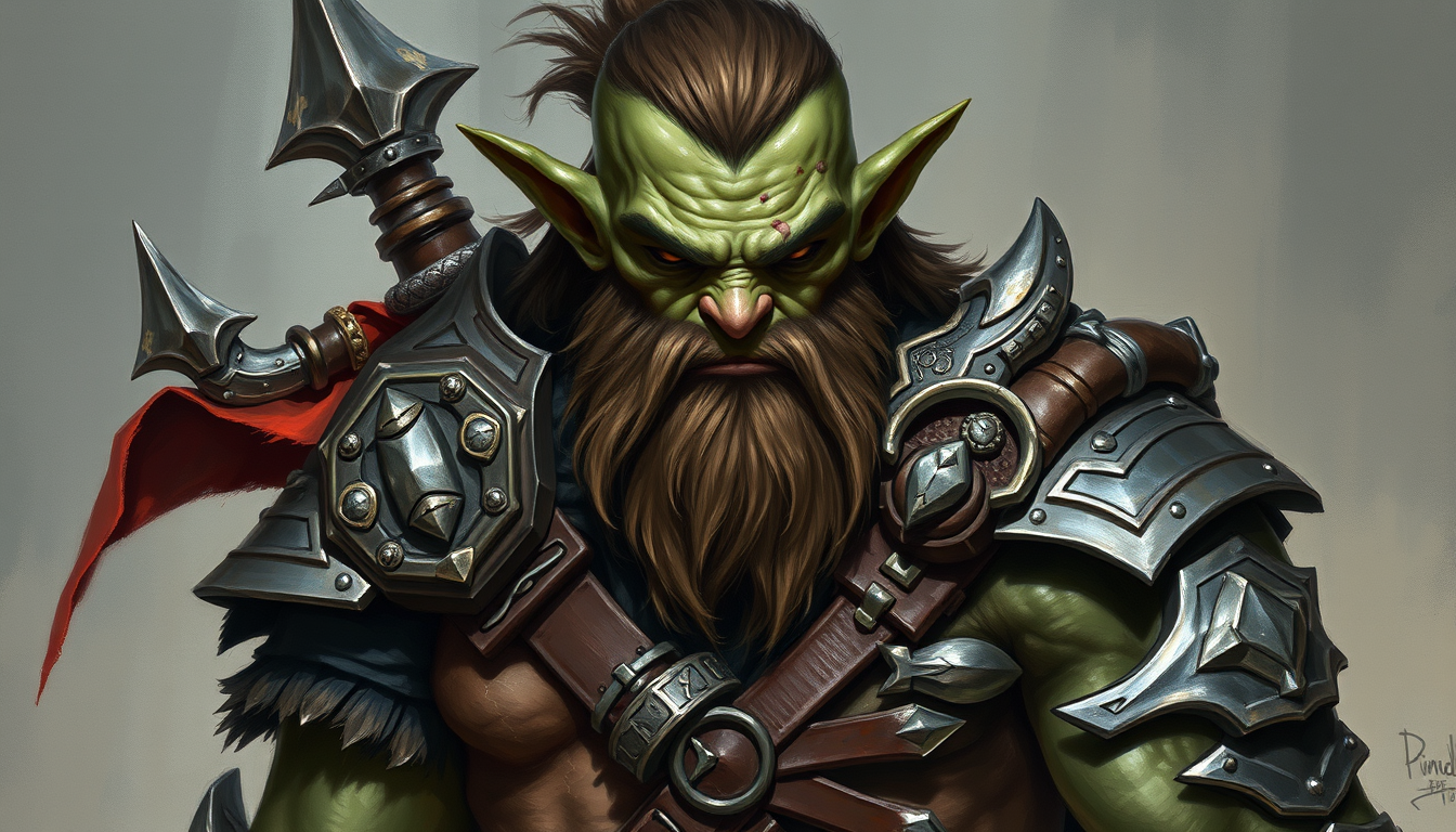 Dnd Characters idea: fantasy RPG character portrait, detailed armor and gear, painterly fantasy art, Barbarian half orc and half human, has the body of an orc and skin of
