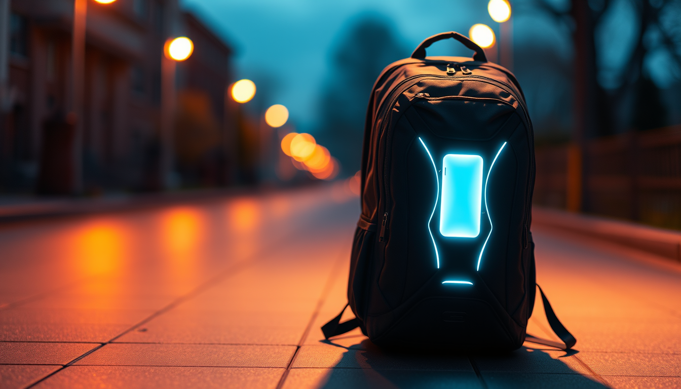 Main art studio: Hi, erstelle mir ein Bild von einem Smart Rucksack, welcher LED Licht, Sprachsteuerung, Ortung, mit dem Handy beidenen kann und modern ist. Bitte auf