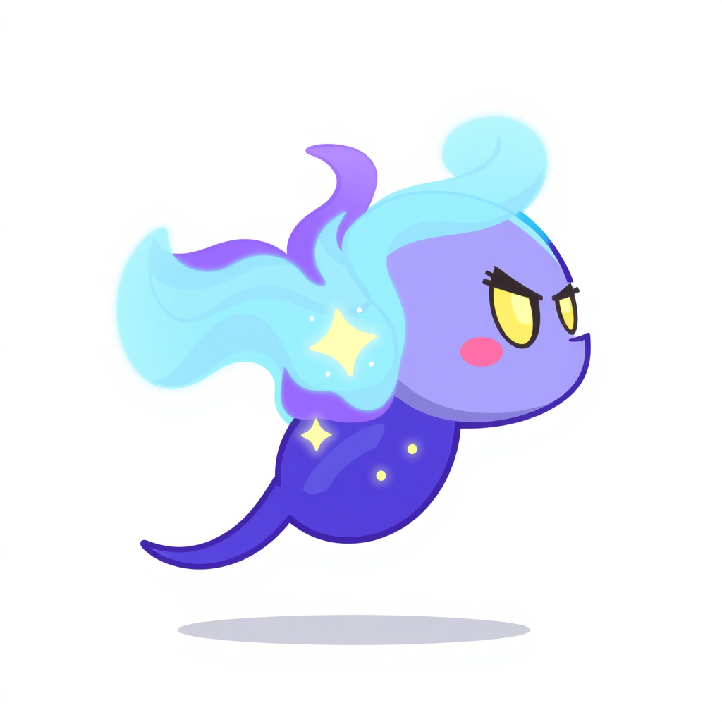Main art studio: Simple 2D side-view game character, like a Scratch character, facing right, neutral expression, neither cute nor angry, purple and blue cosmic energy