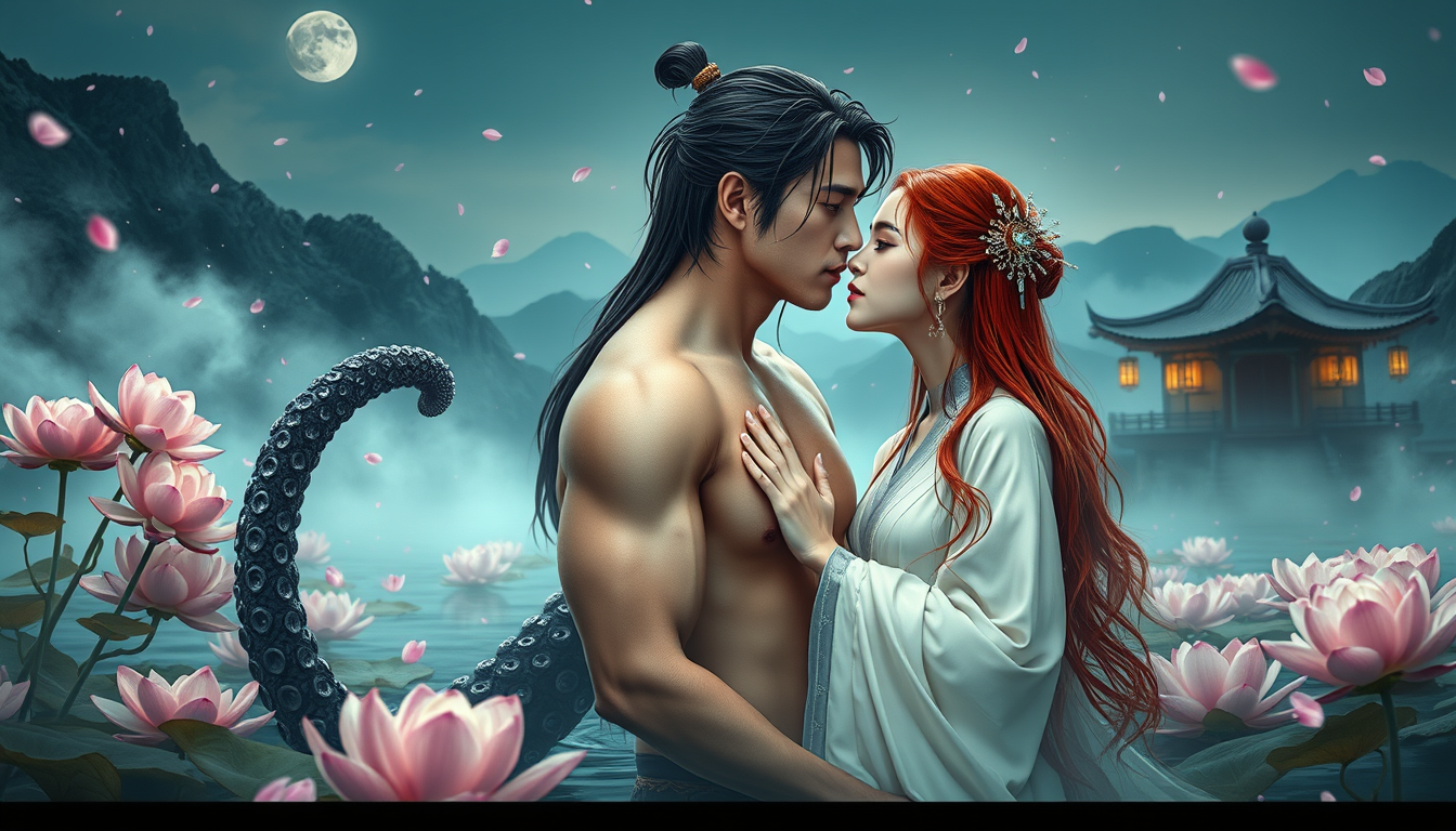 Main art studio: Cinematic Chinese Wuxia/Xianxia fantasy romance, photorealistic. Adult Korean humanoid Octopus King inspired by Zhang Linghe, handsome and regal, glow