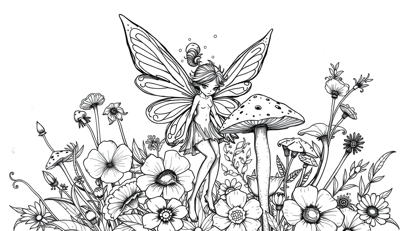 Main art studio: sketch up some line art of an obscure fairy in front of some flowers and flowers with some squiggles and lines and big thick bold lines and mushrooms
