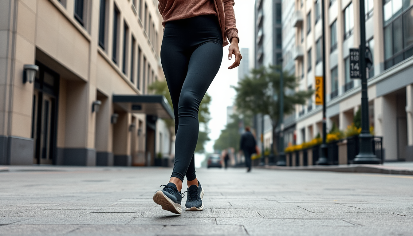 Main art studio: A realistic adult woman walking casually along a modern city street, wearing a fitted pair of long athletic leggings that end slightly above the ankle
