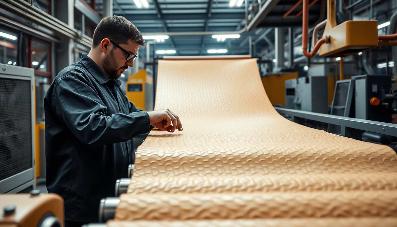 Main art studio: Show the embossed PU synthetic leather passing through cooling rollers. Workers carefully inspect the surface for defects, checking thickness, texture