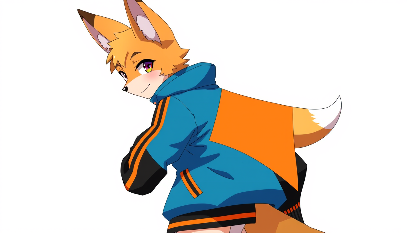 AI Art prompt example created from the prompt: Do a antropomorphic fox girl wearing a blue jacket with black sleeves and orange stripes, an orange triangle on the back, and a confident sm